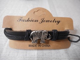 Leather Black Wrist Tie-On Fashion 1 Elephant Bracelet Charm Metal Silver Adj - £7.04 GBP