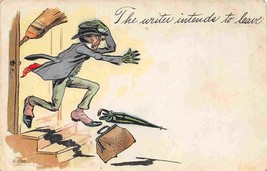 The Writer Intends to Leave Flees House Broom Chasing Through Door postcard - $7.43