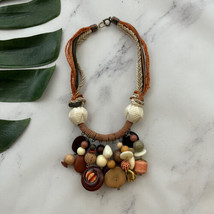 Vintage Boho Tribal Chunky Beaded Necklace Brown White Multi Strand Statement - £14.00 GBP