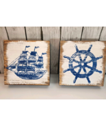 Nautical Wall Decor Ship Wheel &amp; Sailboat Set 8in Blue Wood Hobby Lobby ... - $14.84