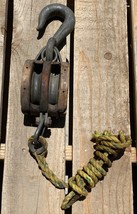 Antique Vintage Wooden Double Pulley Block &amp; Tackle Old Barn Hoist Decor... - £38.01 GBP