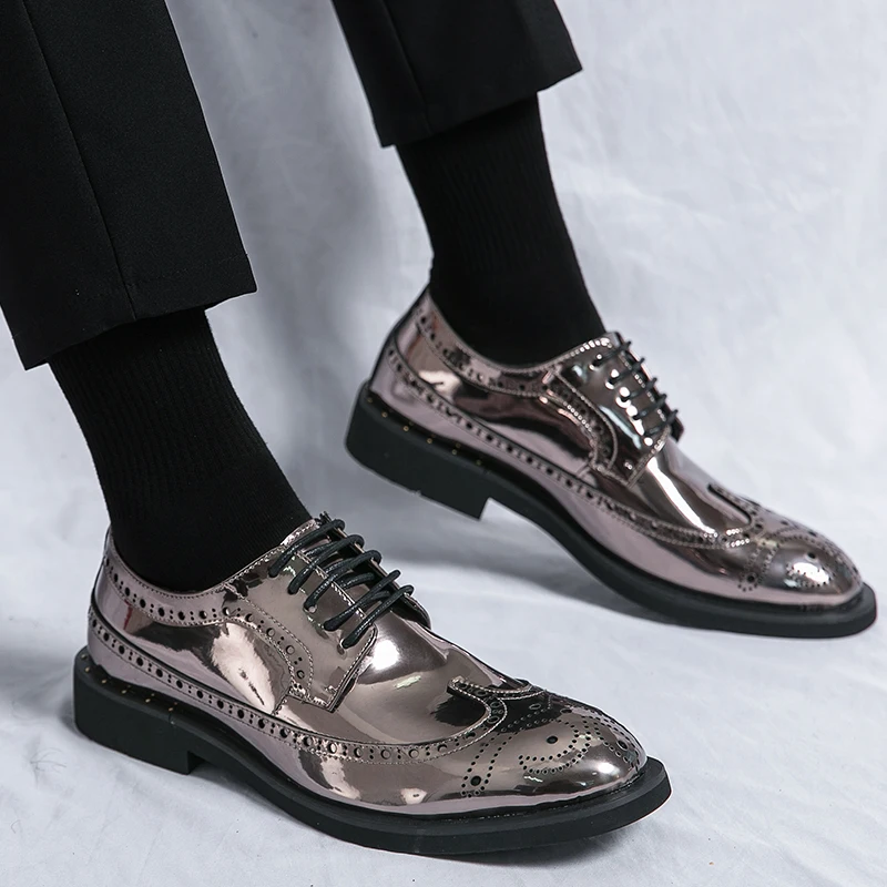 Men Premium Patent Leather Shoes lace up brogue Wedding Shoes Black pate... - $72.67