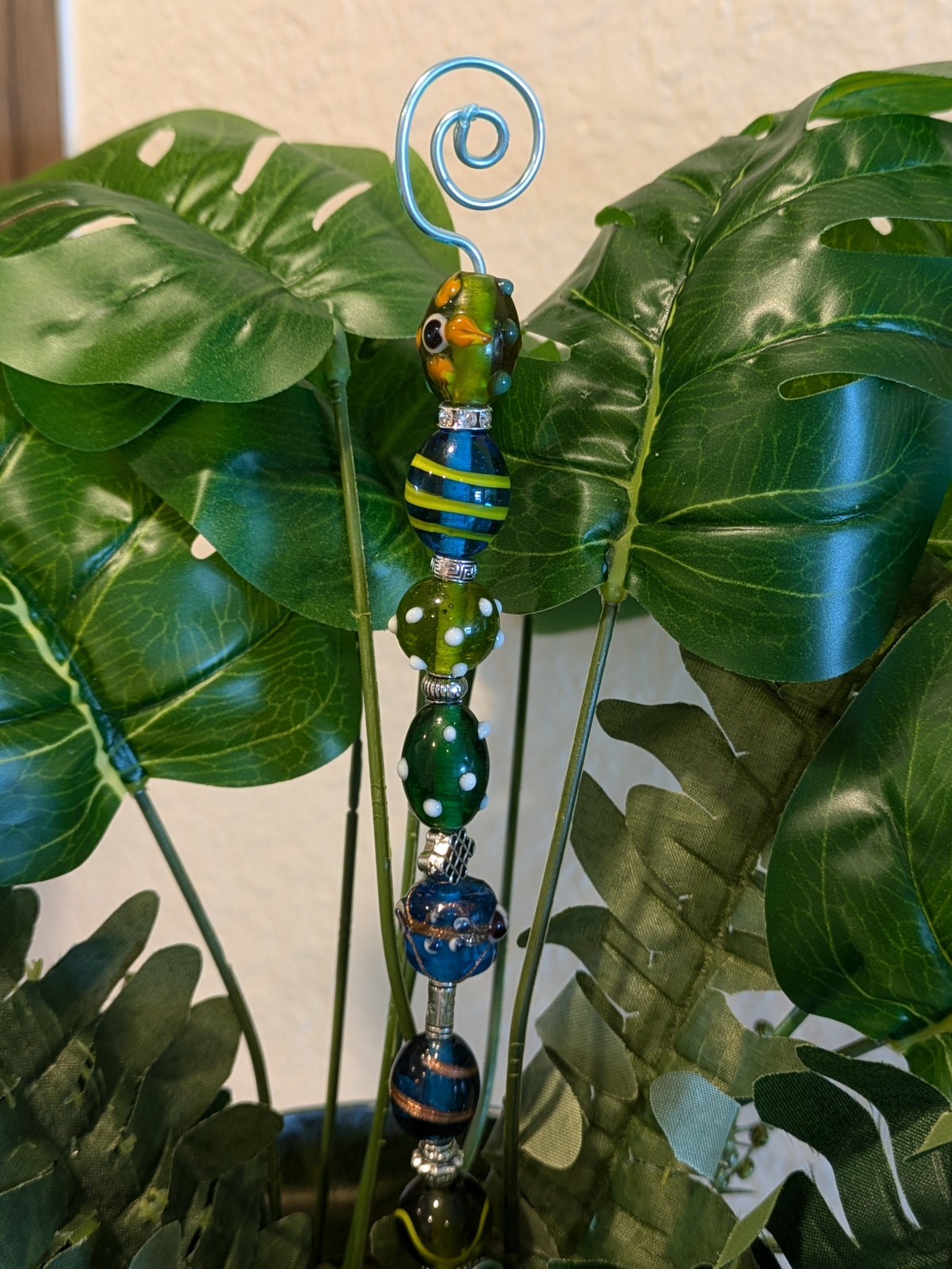 Garden Stake with Green &amp; Blue Glass Beads on Wire - $12.00