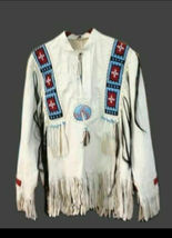 Men&#39;s Western White Leather Fringe Beaded Mountain Man Pullover Shirt MM134 - £109.31 GBP+
