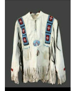Men&#39;s Western White Leather Fringe Beaded Mountain Man Pullover Shirt MM134 - £109.82 GBP+