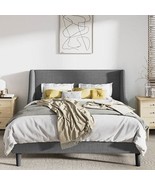 Full Size Grey Linen Blend Upholstered Platform Bed with Wingback Headboard - $586.60 CAD