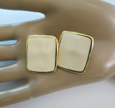 Monet Clip Earrings Luxury Cream Enamel Gold Tone 1&quot; High Rectangular Ha... - $17.99