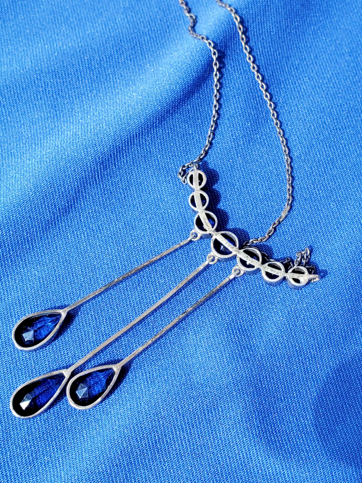 Sterling Silver 925 Deco Modernist Necklace Vintage Sapphire Paste 5.5 ct CHOKER Item image 14