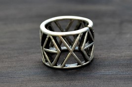 Large Silver Geometric Ring, Rustic Band, Open and Adjustable, Tribal Jewelry - £15.15 GBP