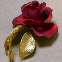 Vintage RED Rose Brooch Pin Brooch 2&quot; long gold tone leaves - $18.00