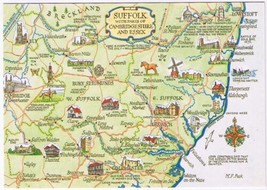 Postcard Pictoral Map Suffolk Parts Of Cambridgeshire &amp; Essex England UK - £3.13 GBP