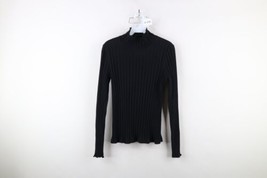 Madewell Womens Size Medium Blank Ruffled Ribbed Knit Turtleneck T-Shirt Black - £35.74 GBP