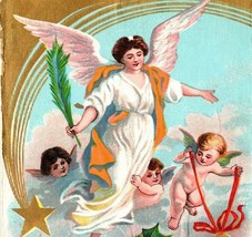 1912 Joyful Christmas Angel Postcard Heaven Cherubs Gold Accents Holly Berries - £10.37 GBP