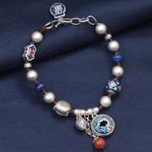 Sterling Silver Enamelled Article Beaded Bracelet With Lotus  Fish Lucky Charm - £45.30 GBP