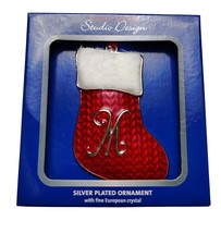 Silver Plated Stocking Ornament With Monogram Initial M Faux Fur Trimmed Accent - $6.76