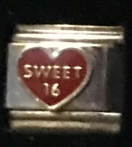 Sweet 16 Red Heart Gold Trim Italian Charm Link 9MM K2022BG4 - £11.35 GBP