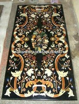 Black Marble Dining Center Table Top Rare Inlaid Mosaic Art - £2,375.99 GBP