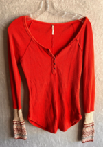 Free People Ski Lodge Cuff  Thermal Waffle Knit Henley Long Sleeve Top Small - £23.59 GBP