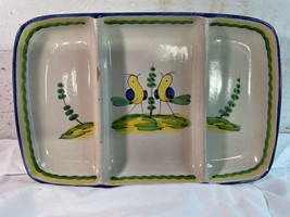 Italian Pottery Rectangular Divided Dish Yellow Blue Birds with Green Trees - £15.45 GBP