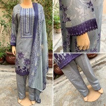 Pakistani Gray  Printed Straight Shirt 3-PCS Lawn Suit w/ Threadwork ,XL - $52.48