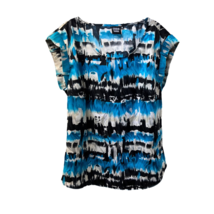 Sharon Young Womens Blouse Blue Black Tie Dye Cap Sleeve Scoop Neck Stretch M - £14.80 GBP