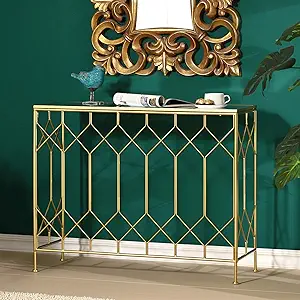 40&quot; Modern Glass Console Table, Gold Sofa Table With Mirror Tempered Gla... - $277.99