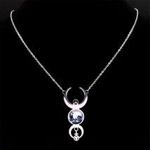 Triple Moon Goddess Necklace 316L Stainless Steel Pagan Wicca Divine Feminine - £13.56 GBP