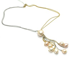 18k YELLOW WHITE GOLD DOUBLE CHAIN NECKLACE, WATERFALL MULTI WIRES PEARL... - $1,324.00