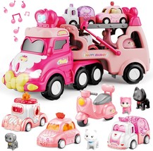 9 In 1 Carrier Truck Cars Toys For Girls Toddlers,Pink Princess Girl Car... - $41.99