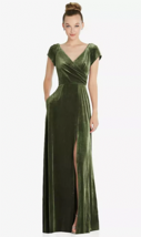 After Six 6862..Cap Sleeve Faux Wrap Velvet Dress w/Pockets..Olive Green..Sz L - £66.33 GBP