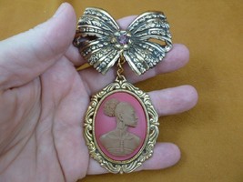 CA20-102) RARE African American LADY pink + brown CAMEO bow dangle Pin Pendant - £30.52 GBP