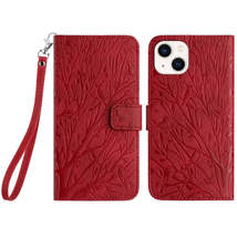 For iPhone 15 Tree Birds Embossed Pattern Leather Phone Case(Red) - £3.94 GBP