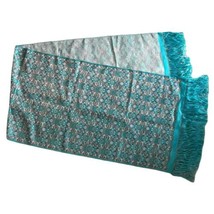 Long Teal Scarf Wrap Rectangle Embroidered with Fringe Dresser Wrap - £13.38 GBP