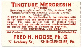 1 Antique Pharmacy Label TINCTURE MERCRESIN Fred Hoose, Ph. G. Shingleho... - $28.11