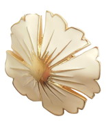 Vintage Monet Enamel Flower Brooch Creamy Yellow Beige Gold Tone Ladies Pin - £7.15 GBP
