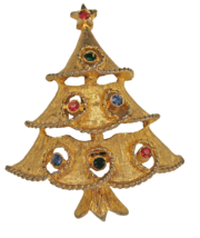JJ Vintage Fashion Gold Tone Rhinestone Christmas Tree Brooch Pin 2 3/4 inches - £11.35 GBP