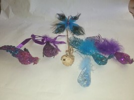 7 Clip On Birds Ornaments  Purple Blue Sequins Beaded Glitter Butterfly Peacocks - £38.93 GBP