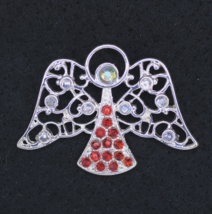 Vintage Silver Tone Angel With Red &amp; Clear Rhinestones Brooch/Lapel Pin Jewelry - £8.21 GBP
