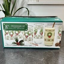 8 Indiana Glass VICTORIAN CHRISTMAS 16oz Tumblers Cooler Glasses Holly &amp;... - $465.34 MXN