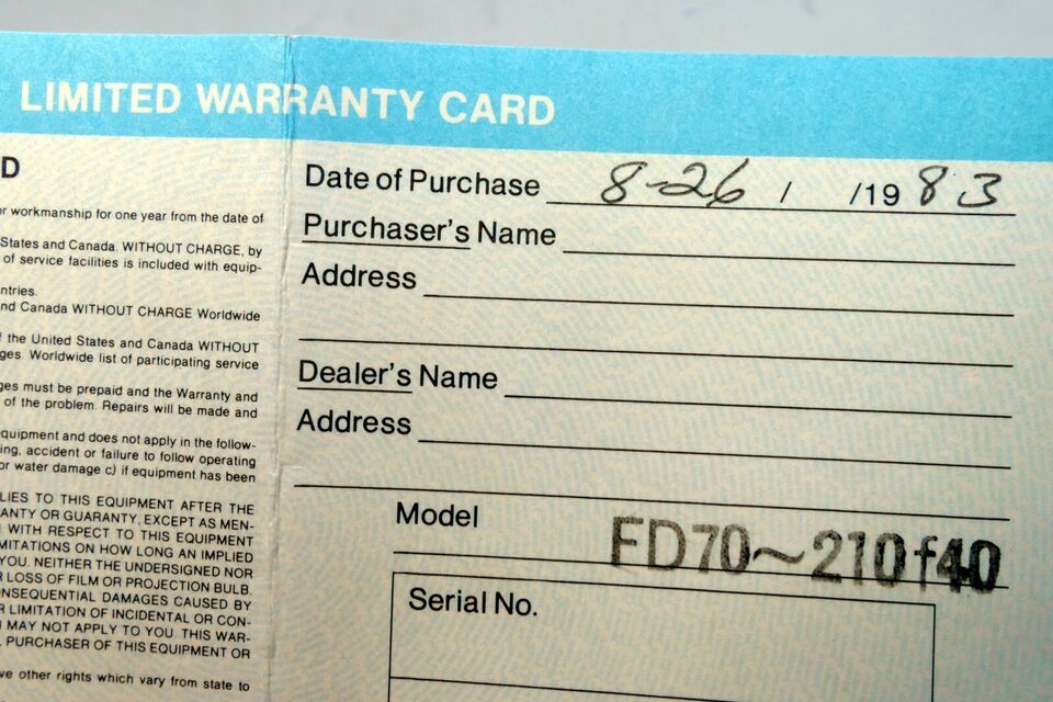 Canon FD 70-210mm f4 Lens warranty card vintage 1980&#39;s - $8.22