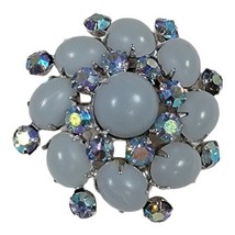 Vintage Coro Domed Blue Moonstone Cabochon AB stones Blue Rhinestone Brooch Flow - £34.41 GBP