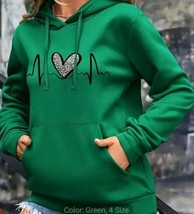 Women&#39;s Leopard Heart Print Rhythm Pullover Loose Green Sweatshirt Hoodie S4  - £11.19 GBP