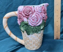 Vintage Seymour Mann Inc. Small Hand Painted Rose Bouquet Basket Pitcher ~7&quot;Tall - £15.71 GBP