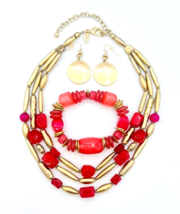 Chico&#39;s Matte Gold Tone Leilani Pink Multi Strand Necklace Bracelet Earrings - £27.15 GBP