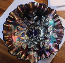 Beautiful vintage blue carnival glass dish  Holly Pattern Cobalt blue and butter - £150.53 GBP