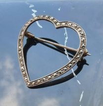 VINTAGE 925 STERLING SILVER MARCASITES HEART BROOCH - $36.47