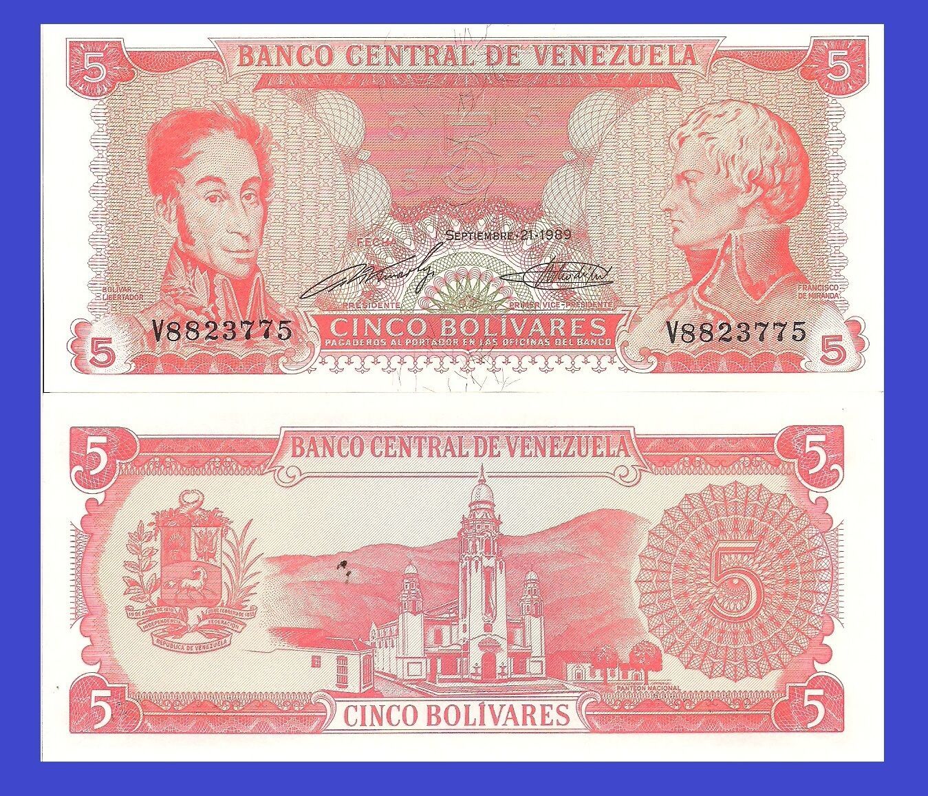 Primary image for Venezuela P70b, 5 Bolivar,  Simón Bolívar, de Miranda / Pantheon, 1989, UNC