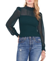 1. State Womens Blouse Green Long Sleeve Puff Mock Neck Smocked Sheer L New - £23.33 GBP