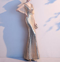 Deep-V Gold Sequin Dress Gown Women Plus Size High Split Sequin Maxi Dress image 3