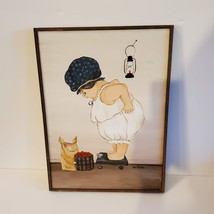 Vintage Folk Art Painting, Signed Artist Max Russell, Whimsical, Woman on Scale